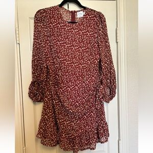 Excellent - Polly Maroon And White Flower Mini Dress - 3/4 Sleeve - Size 6